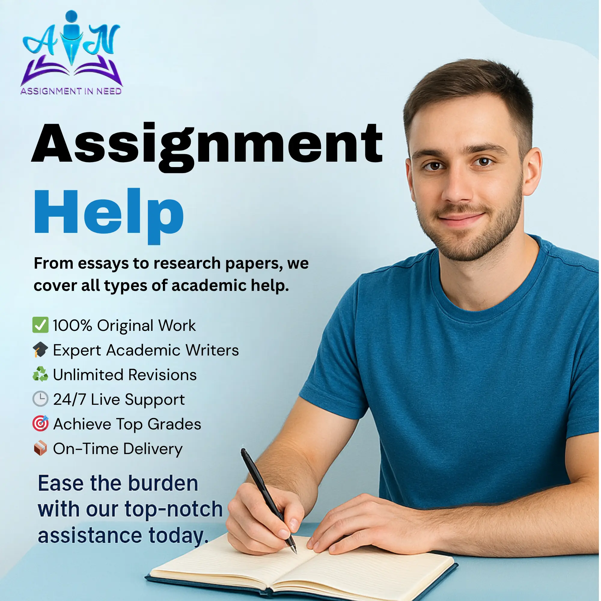Man writing notes with a checklist highlighting assignment help benefits: '100% Original Work,' 'Achieve Top Grades,' and 'Plagiarism-Free.'