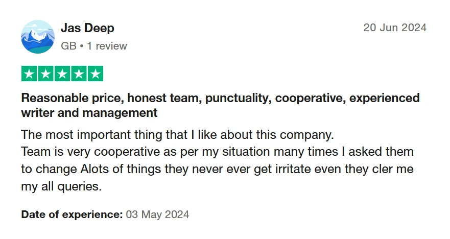 Jas Deep's review praising Assignment In Need for cooperation, punctuality, and experienced team, dated 20 June 2024