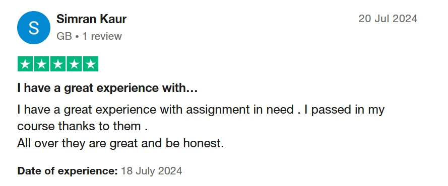 Simran Kaur's review praising Assignment In Need for helping her pass her course, dated 20 July 2024