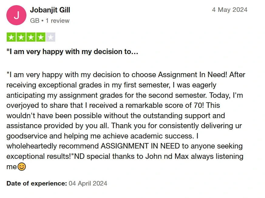 Jobanjit Gill review on Assignment In Need, praising support and scoring 70, posted on 4 May 2024